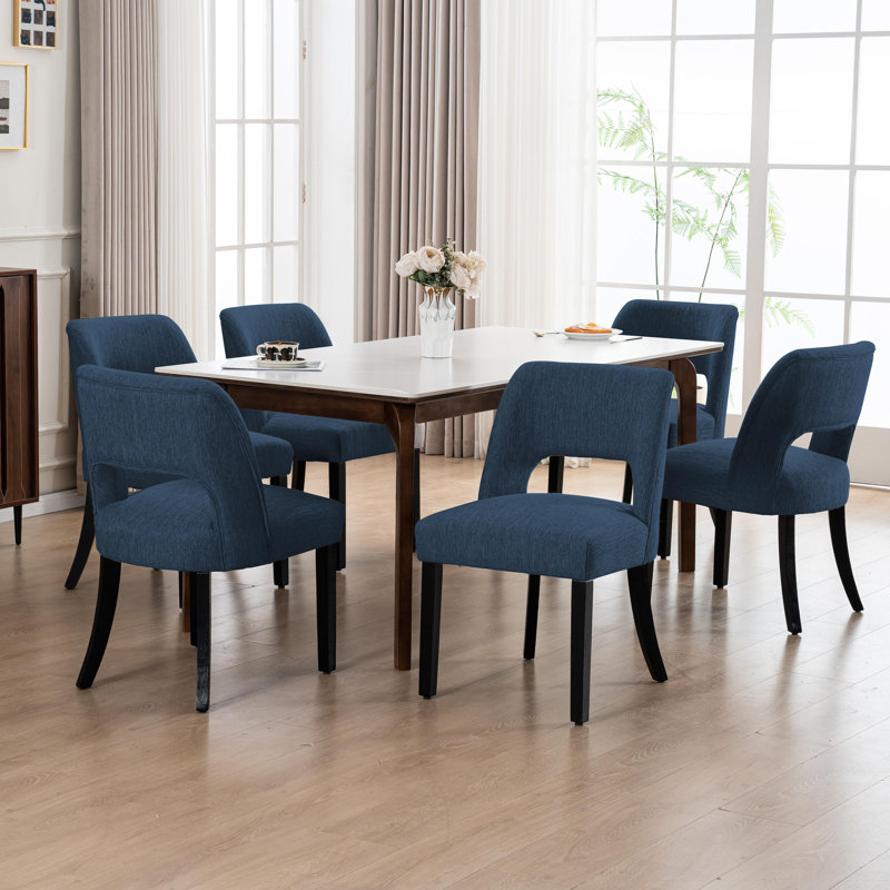 Chaise de salle à manger en lin avec pieds en bois massif, 6, Bleu