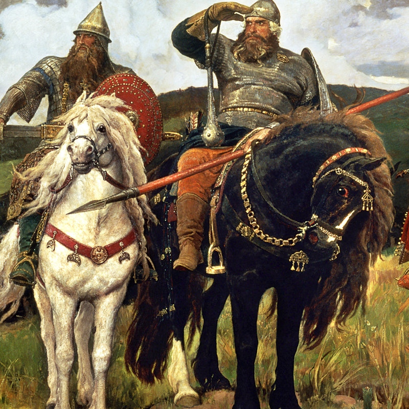 «Bogatyrs Warrior Knights 1898», reproduction de peinture à l'huile sur toile encadrée, H 30,25 po x l 42,25 po x P 1,875 po