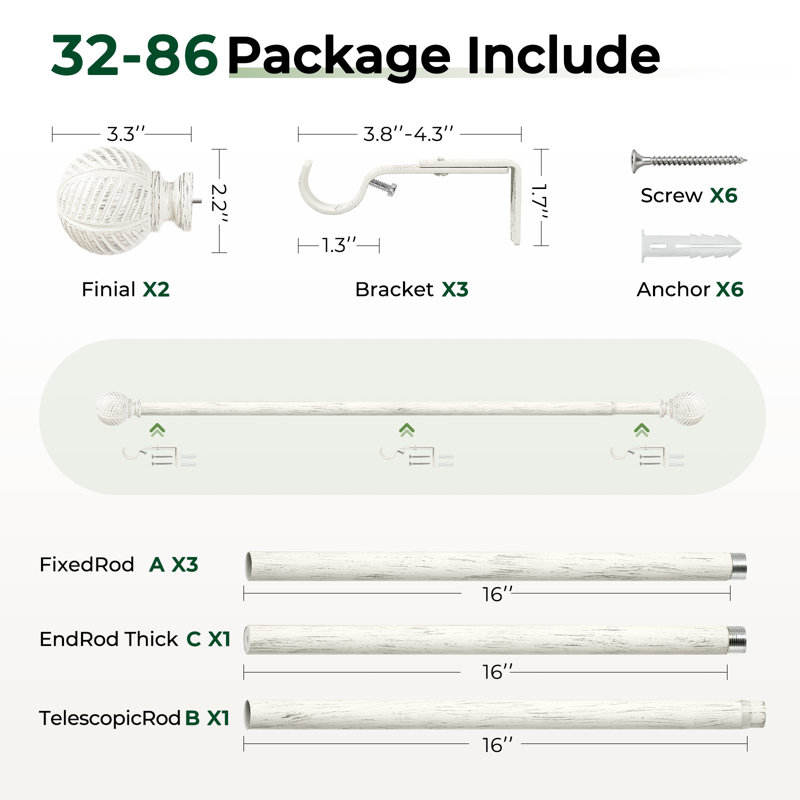 Tringle à rideaux simple réglable en métal, 32" - 86", Blanc