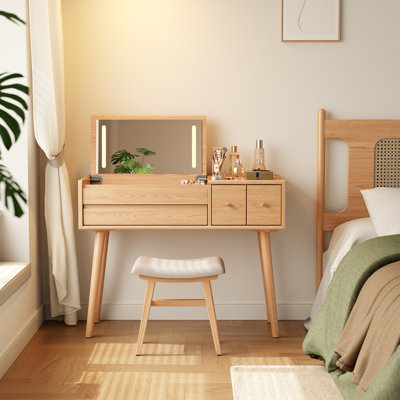 Coiffeuse à maquillage en bois massif Oliver avec miroir rabattable et modes d'éclairage