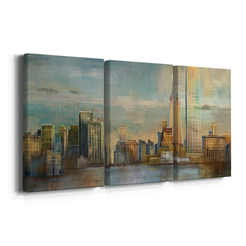 City Skyline - Toile tendue avec châssis de qualité supérieure - Prêt à être accroché, H 60 po x l 120 po x P 1 po