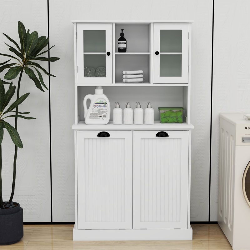 Armoire de salle de bain inclinable à deux compartiments avec panier à linge haut et 2 tablettes réglables, Blanc