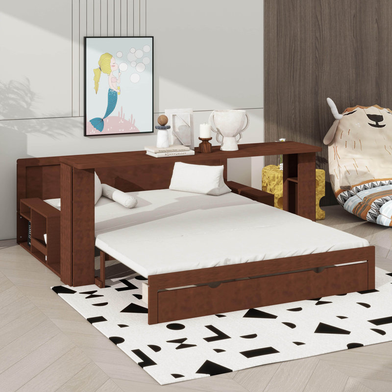 Grand lit de jour en bois avec tiroirs de rangement, bureau amovible et table d'appoint hydraulique, Grand lit, Espresso