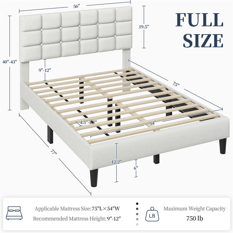 Lit plateforme tapissier Contemporary, Beige, Double