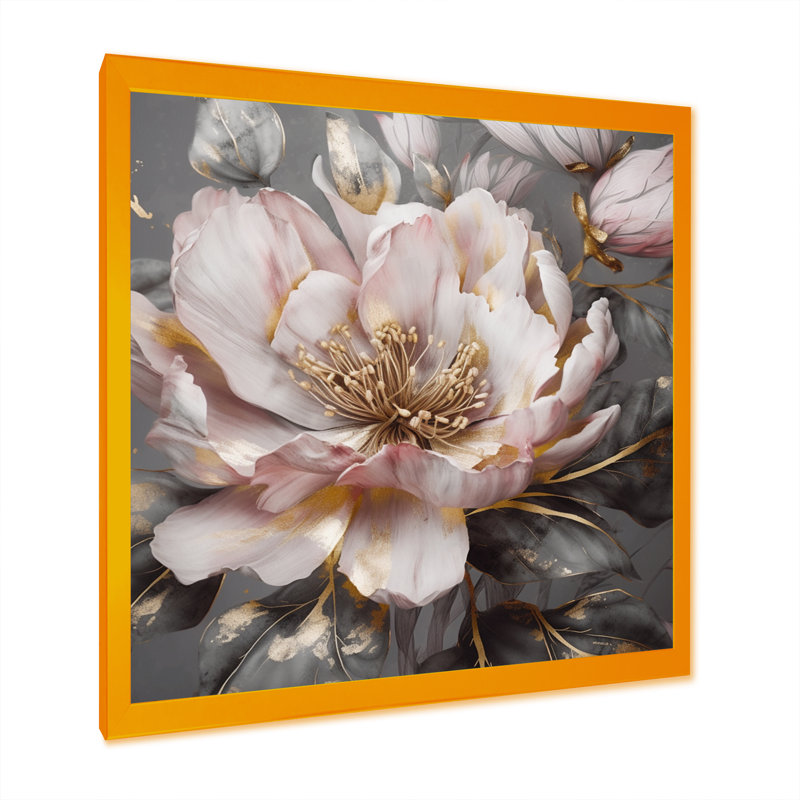 Rose et gris pivoines en fleurs III - pivoines, art mural, Cadre doré, H 24 po x l 24 po