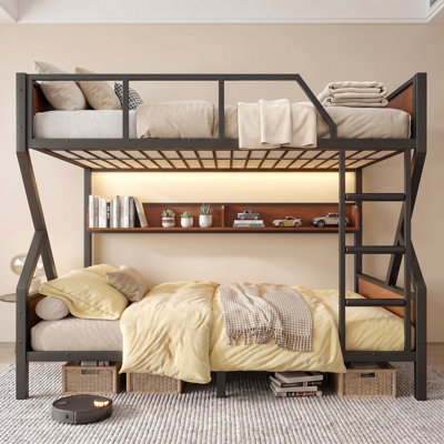 Lit superposé double avec tablettes de rangement et lumières DEL, lit superposé en métal avec escalier et conception silencieuse pour enfants adultes, noir