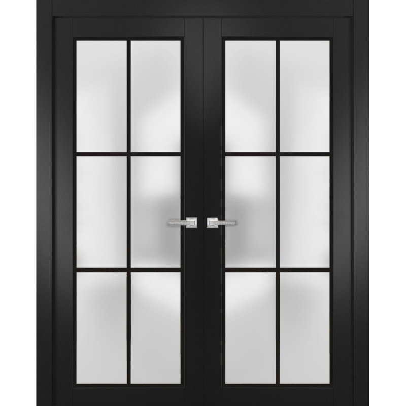 Portes françaises doubles solides | Verre givré Planum 2122 | Garnitures de cadre en bois massif | Portes robustes de chambre à coucher pour garde-robe