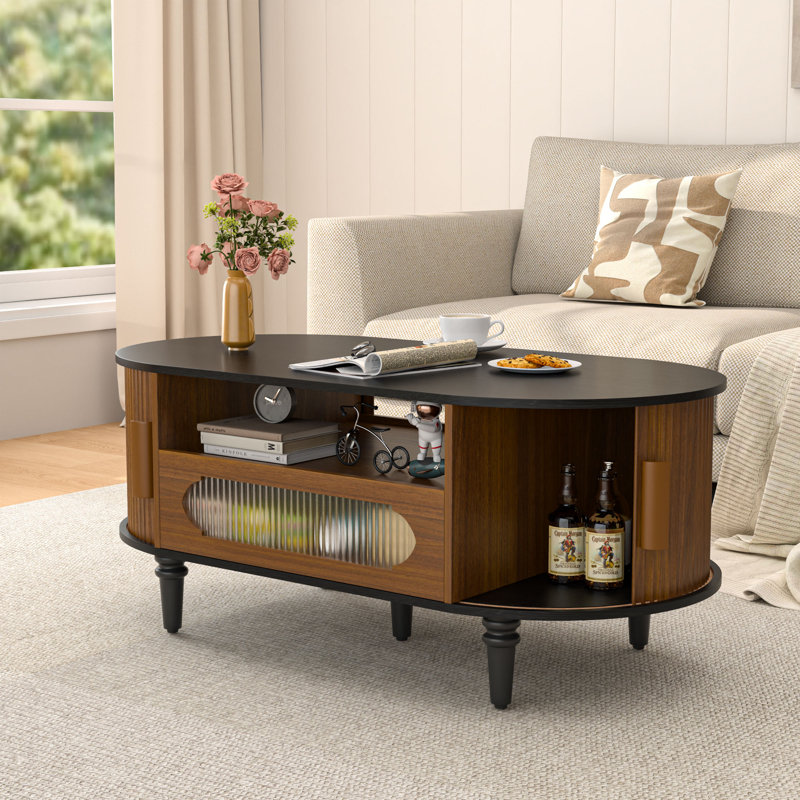 Fluted Coffee Table With Storage, Oval Coffee Table With Sliding Door And Drawer, Black