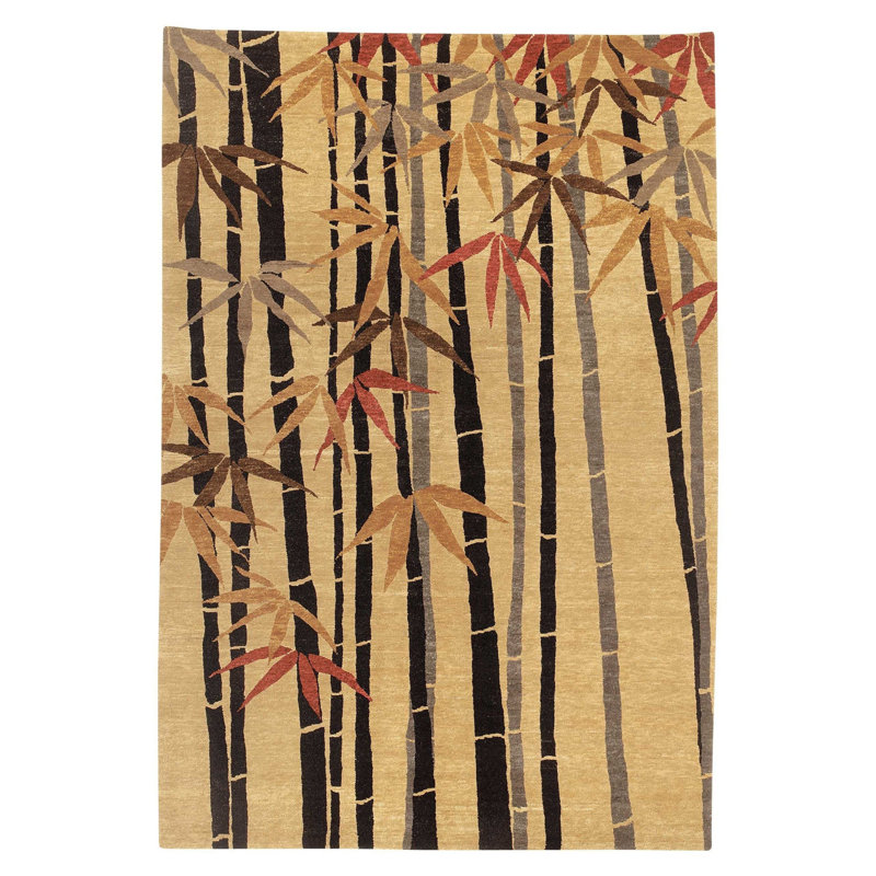 Bamboo Wool Floral Area Rug in Beige/Black/Gray, Rectangle 8' x 10'