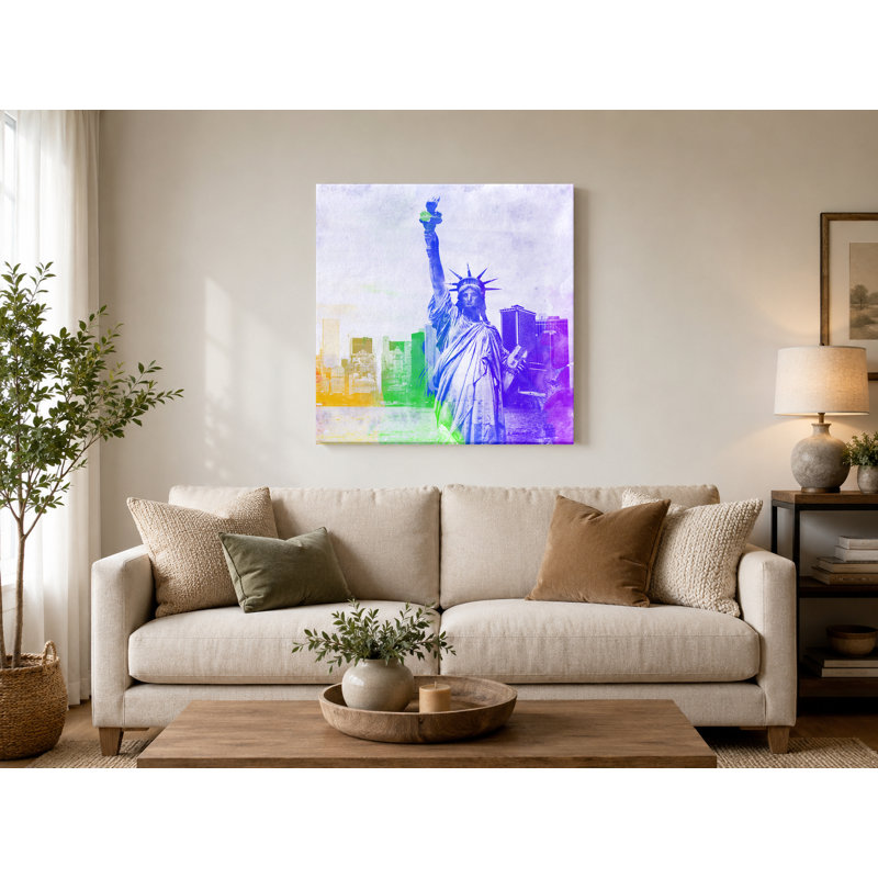 Statue de la liberté, arc-en-ciel, art mural carré sur toile, 16" W x 16" H