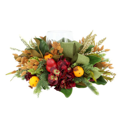 Fall Candleholder with Hydrangea, Artichokes and Clove Oranges