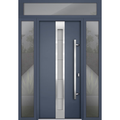 Porte avant en acier pré-suspendue à l'avant / deux graphite gris 1717/2 fenêtres extérieures latérales et supérieures / inserts en acier inoxydable peints simples modernes - l 14 + 36 + 14 po x H 80 + 16 po - Gauche