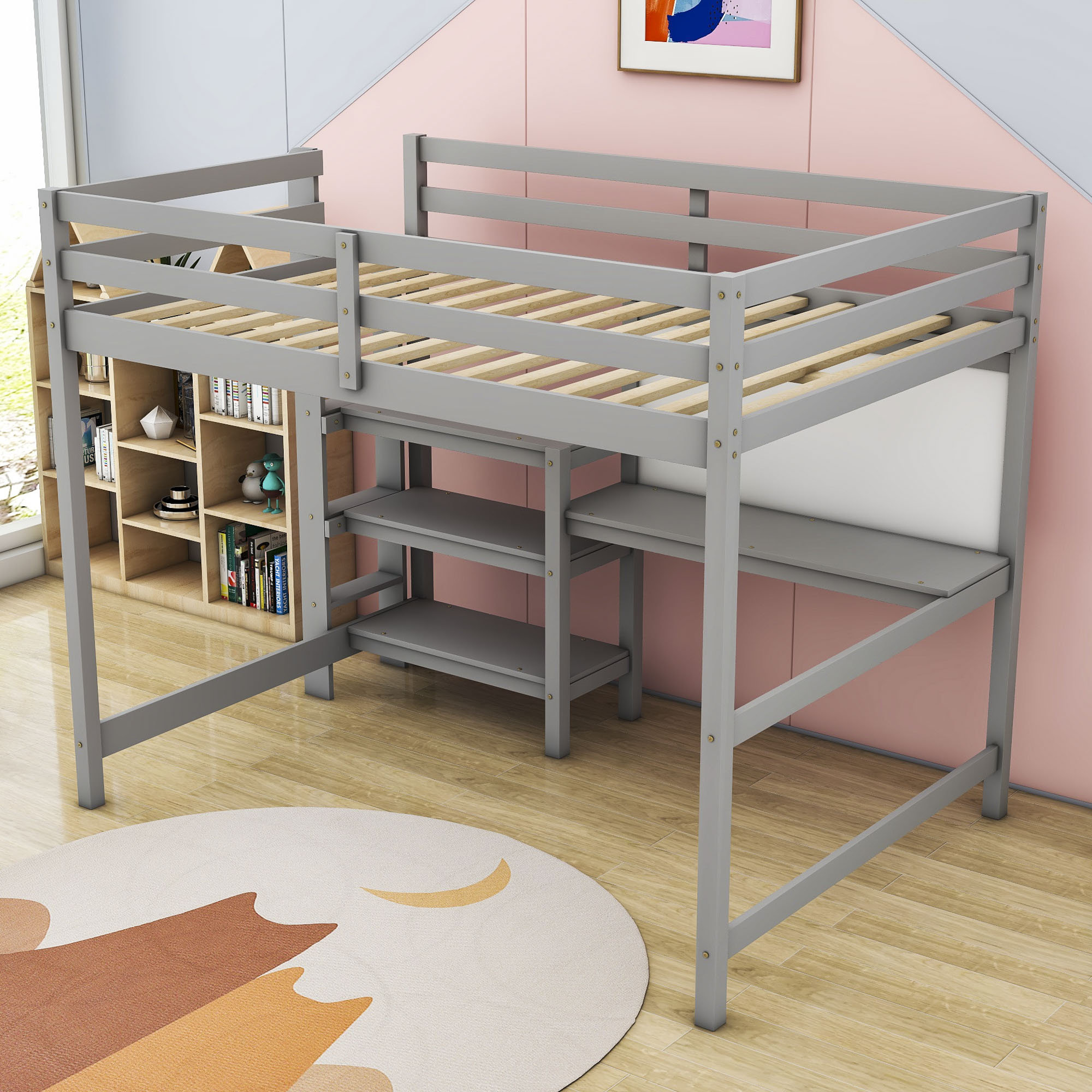 Harriet Bee Gahanna Full Size Wood Loft Bed with 3 Shelves, Desk,Ladder