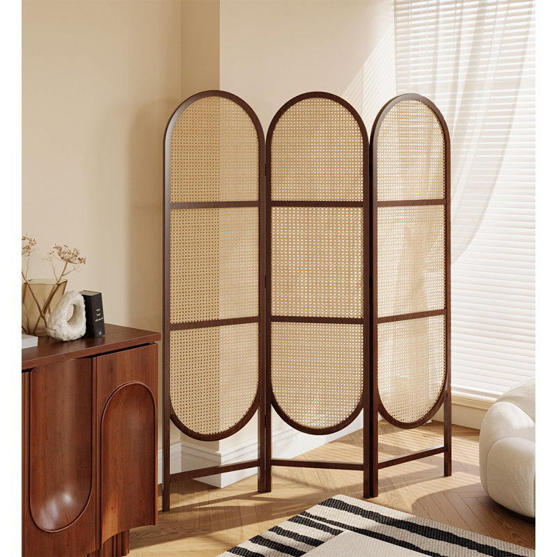 Paravent en bois massif de style français pliable en rotin, 3, H 74,8 po x l 59,1 po x P 1,6 po, Brun