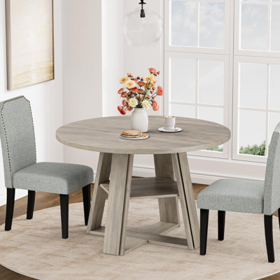 Space-Saving Round Dining Table for 2-4 – 43 Inch Modern Circle Table with Wooden Pedestal Base & Storage Shelf – For Small Apartment Dining Room – Gr