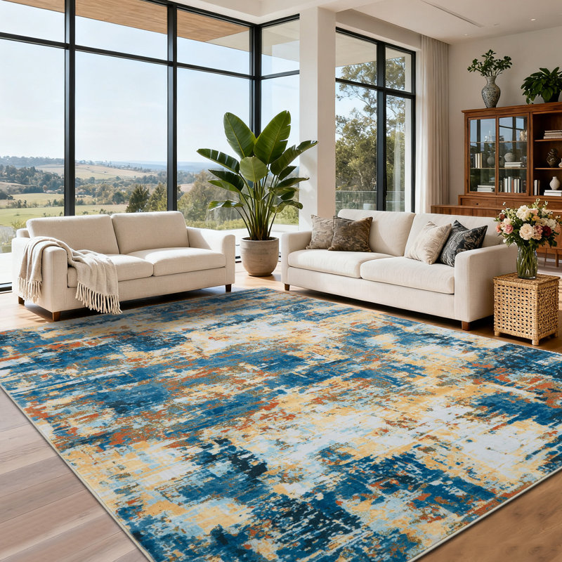 Tapis abstrait antidérapant et lavable pour tapis de salon, salle à manger,, Blue, Rectangel 8' x 10'