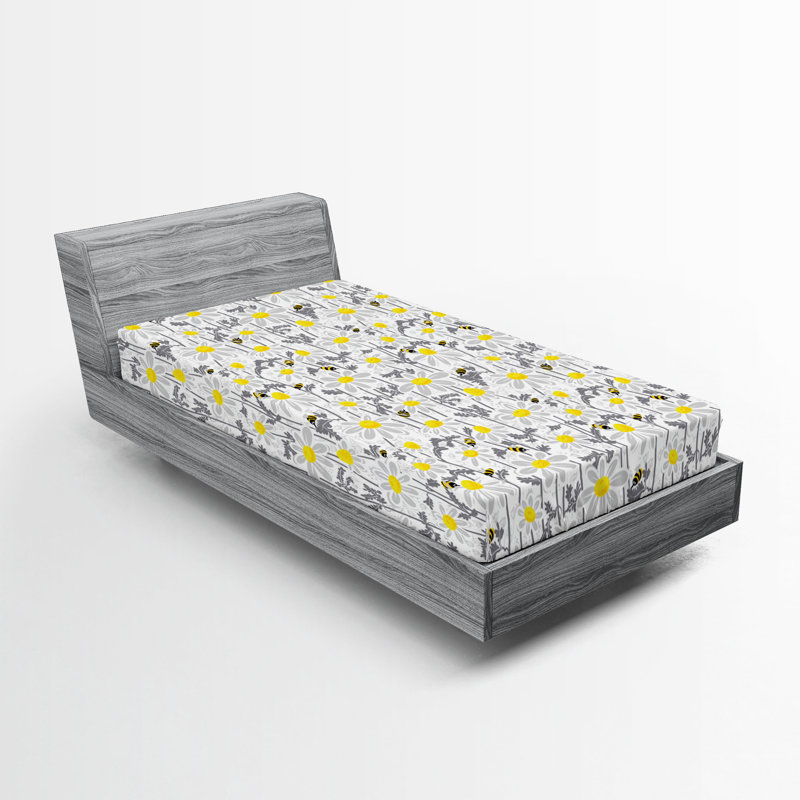 Drap-housse Ambesonne, paquet de 2, Motif floral gris / jaune / blanc, Drap-housse simple TG