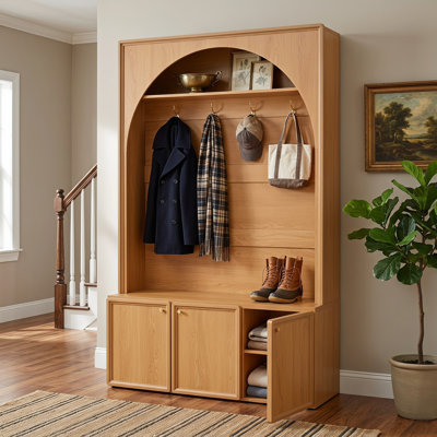 Natural Farmhouse Arched Entryway Hall Tree with Storage Bench and 3 Cabinets