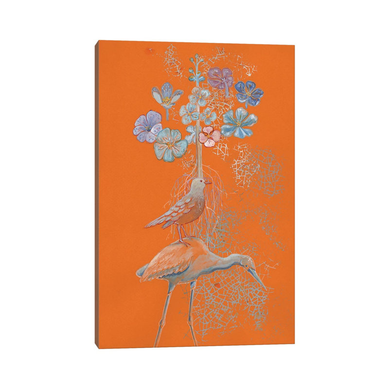 Heron Dreams On Orange by Miri Eshet - Print on Canvas, Wrapped Canvas, 20.32 cm H x 30.48 cm W