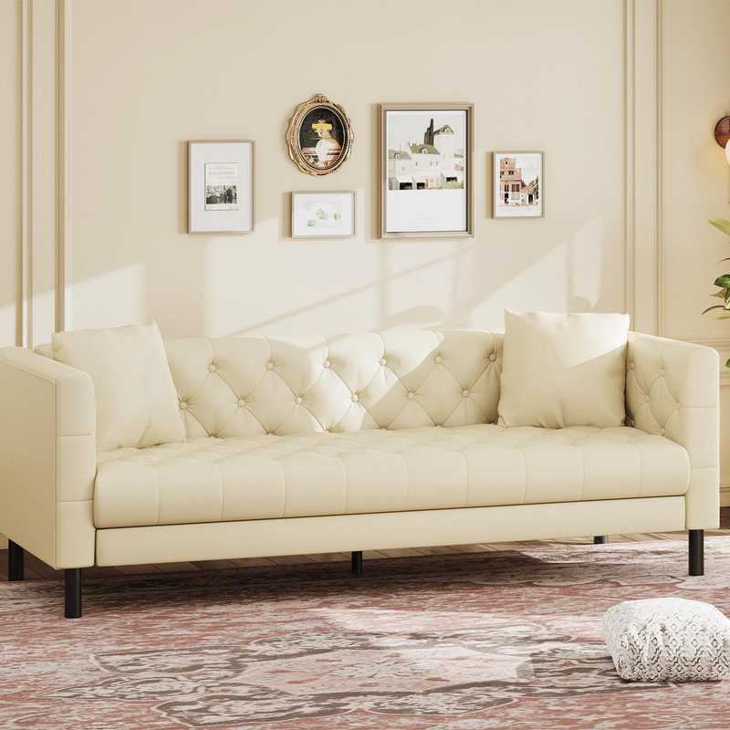 Canapé 3 places Mid-Century moderne, canapé capitonné avec assise profonde et coussins pour le salon, Beige