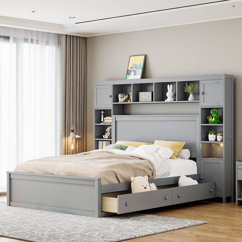 Grand lit en bois avec armoire tout-en-un, tablette et prises, gris, Gris