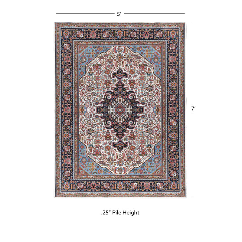 Emanuel Traditional Machine Woven Flatweave Blue and Navy Area Rug with Non Skid Backing , Rectangle 5' x 7'