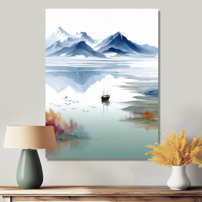 «Serene Landscape With Misty Mountains Fishing», reproduction d'art sur toile, paysage bleu