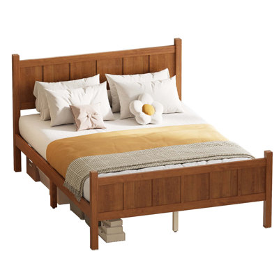 Flat Panel Bed with Headboard & Footboard, Minimalist Modern Platform Bed with Wood Grain Finish, Shaker and Farmhouse Style Design