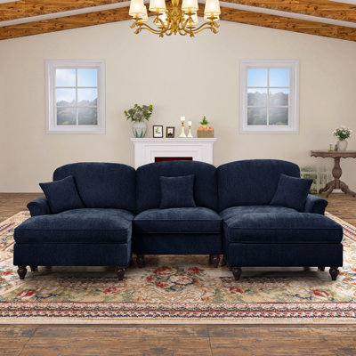 Doyle 107.1"W Chenille 3 seater sofa with 2 Ottomans and Removable Ruffles Pleats Skirts and Spindle Legs