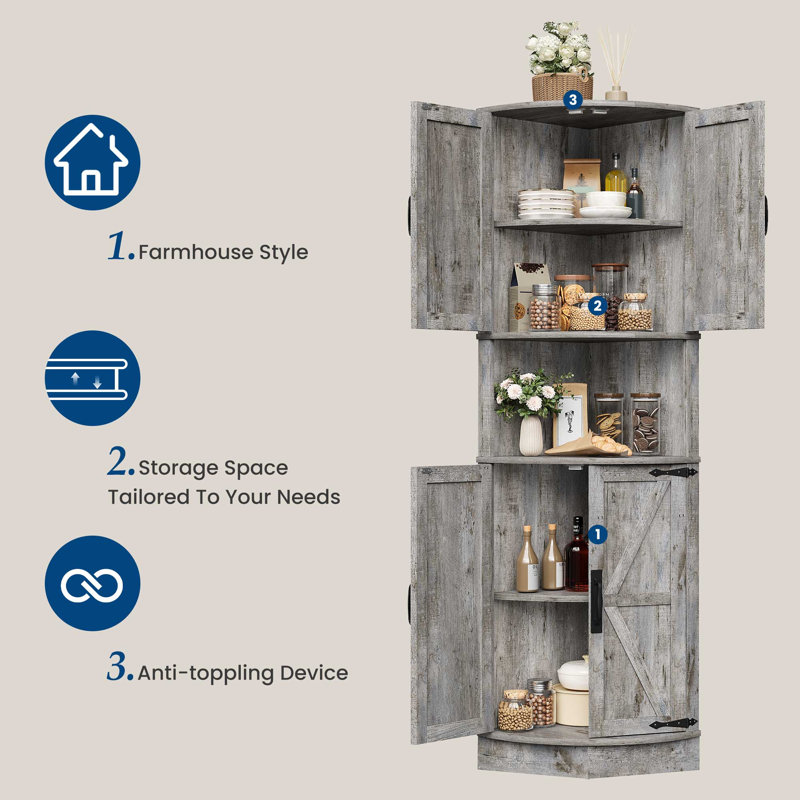 Farmhouse Corner Cabinet for Living Room, Kitchen, Laundry Room, Gray