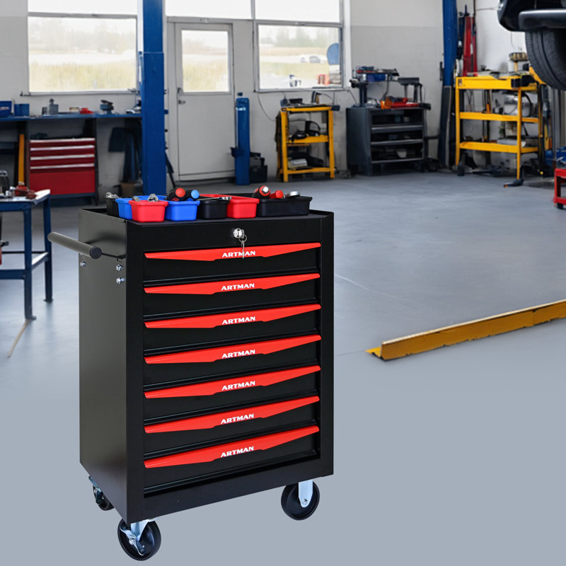 Coffre à outils roulant en métal avec 7 tiroirs, armoire à outils à 7 tiroirs de 20 po avec glissières à roulement à billes, coffre à outils en acier noir et rouge
