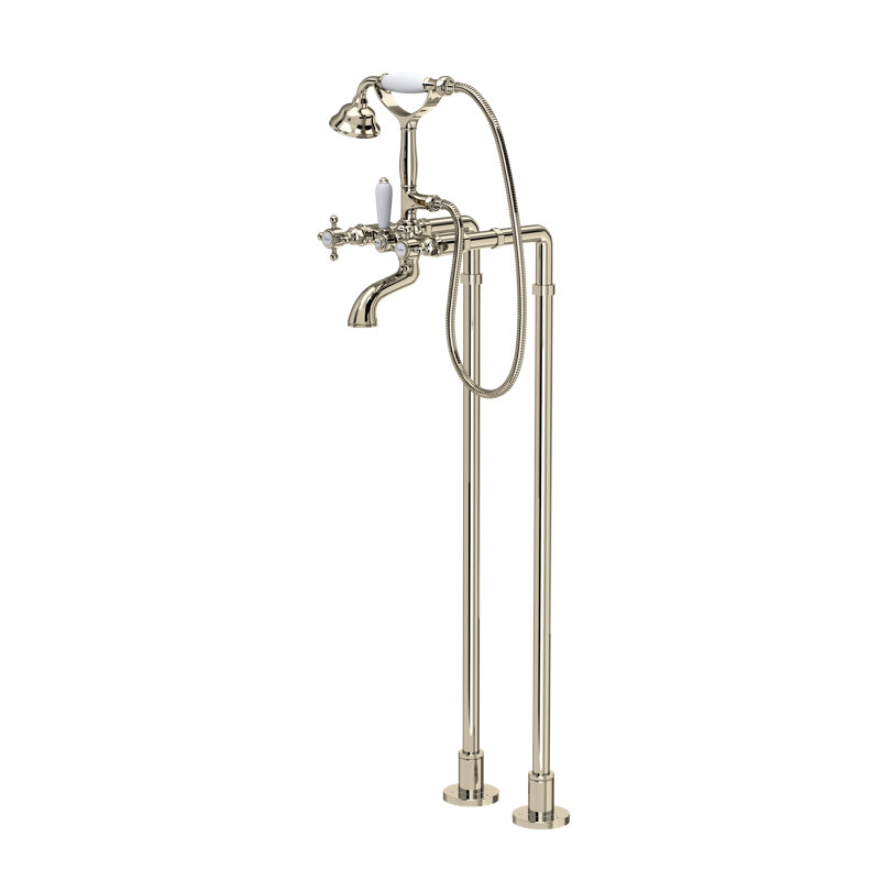 Acqui Floor Mount Tub Filler, Polished Nickel, Metal Cross Handle