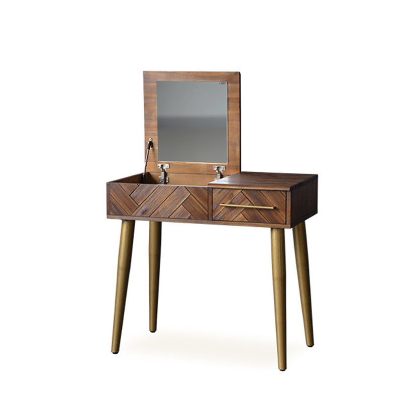 Table de coiffeuse rétro avec miroir rabattable et pieds en métal doré