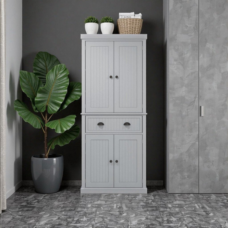 Armoire garde-manger 72 po avec 4 portes, 3 tablettes réglables et un grand tiroir, Gris