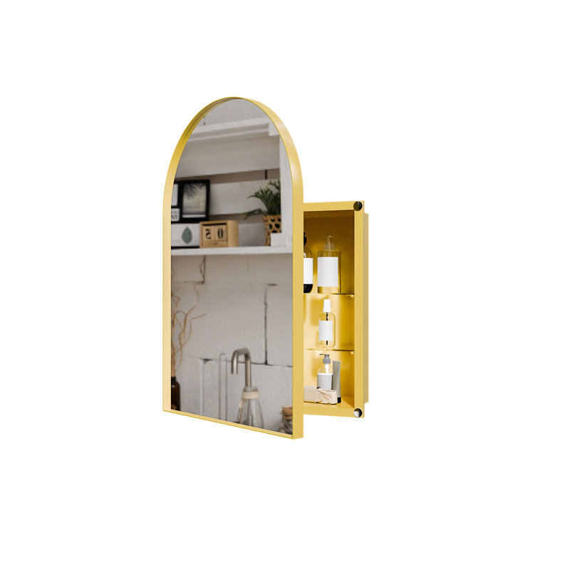 Armoire d'angle en métal doré 18 x 24 pouces avec miroir arqué et espace pour la salle de bain