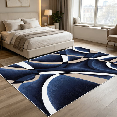 Tapis de sol à motif géométrique abstrait et abstrait de 1 PC bleu marine, beige et blanc, doux et confortable, facile à entretenir, lavable à la machine, convient au salon, à la chambre à coucher, à la salle à manger, au vestibule, au bureau personnel, au balcon et à la maison