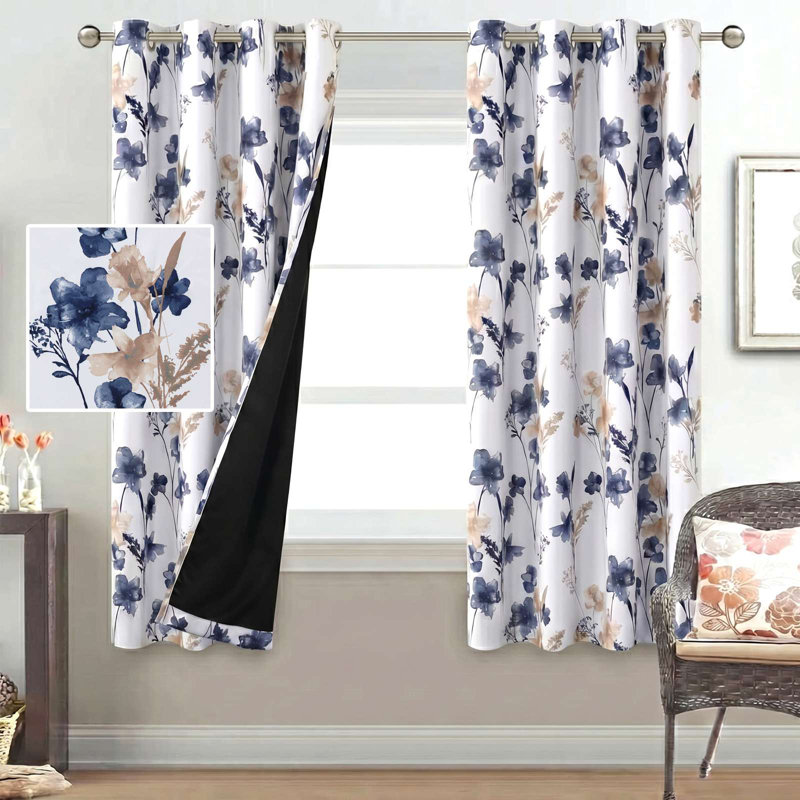 Rideau 100% occultant à motif floral Peshy, Bleu marine / taupe, L 63 po x l 52 po