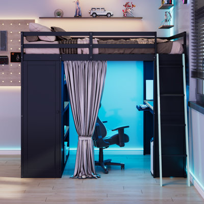 Lit mezzanine en bois pleine grandeur avec garde-robe, tablettes, rideaux occultants et lumières RVB, noir et bleu