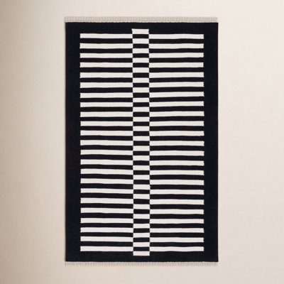 Delia Black Ivory Striped Flatweave Rug