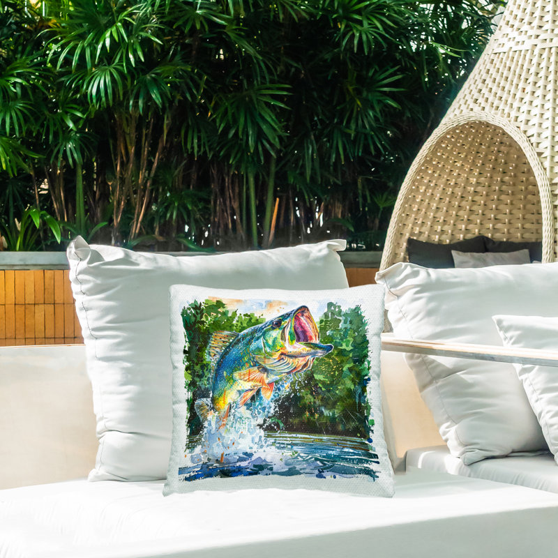 Coussin d'extérieur imprimé Splashing Bass Fish par LSR Design Studio