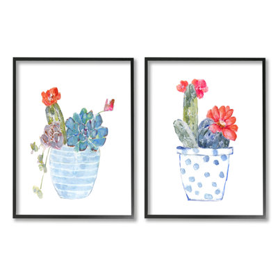 «Vivid Cactus Blossoms Pott» par Sally Swatland - Ensemble de 2 peintures sur bois