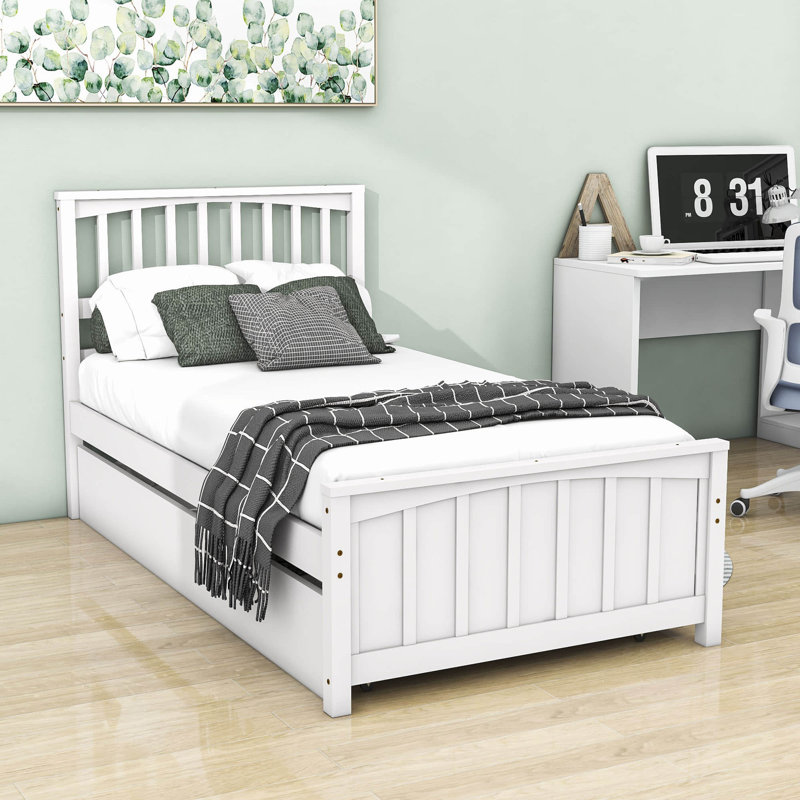 Twin Size Platform Bed with Trundle, White