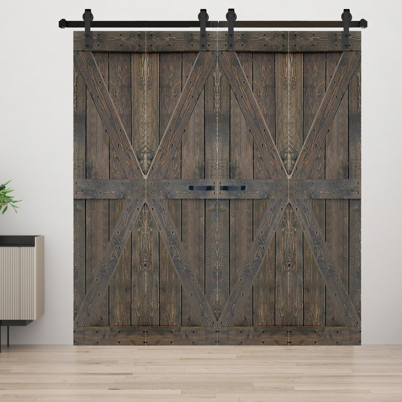Porte de grange double pliante en bois massif de style K avec ensemble de quincaillerie - Assemblage requis, 60 po x 84 po