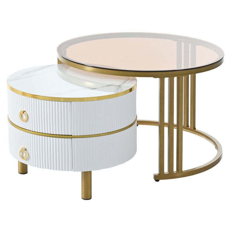 Stackable Coffee Table With 2 Drawers, Nesting Tables With Brown Tempered Glass, Set Of 2, White
