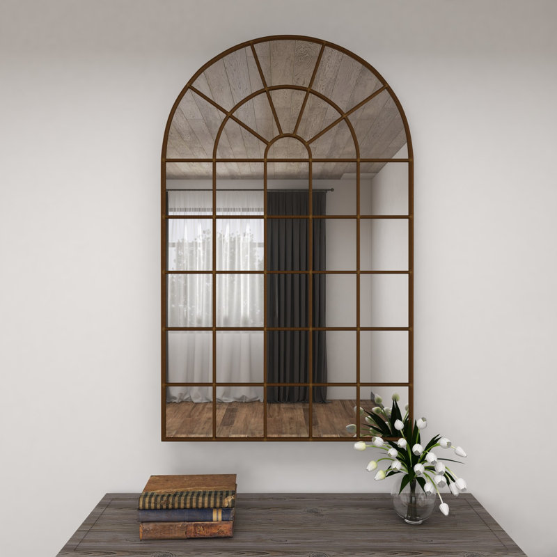 Metal Arched Window Pane Wall Mirror, Bronze, 56.25" H x 34.13" W