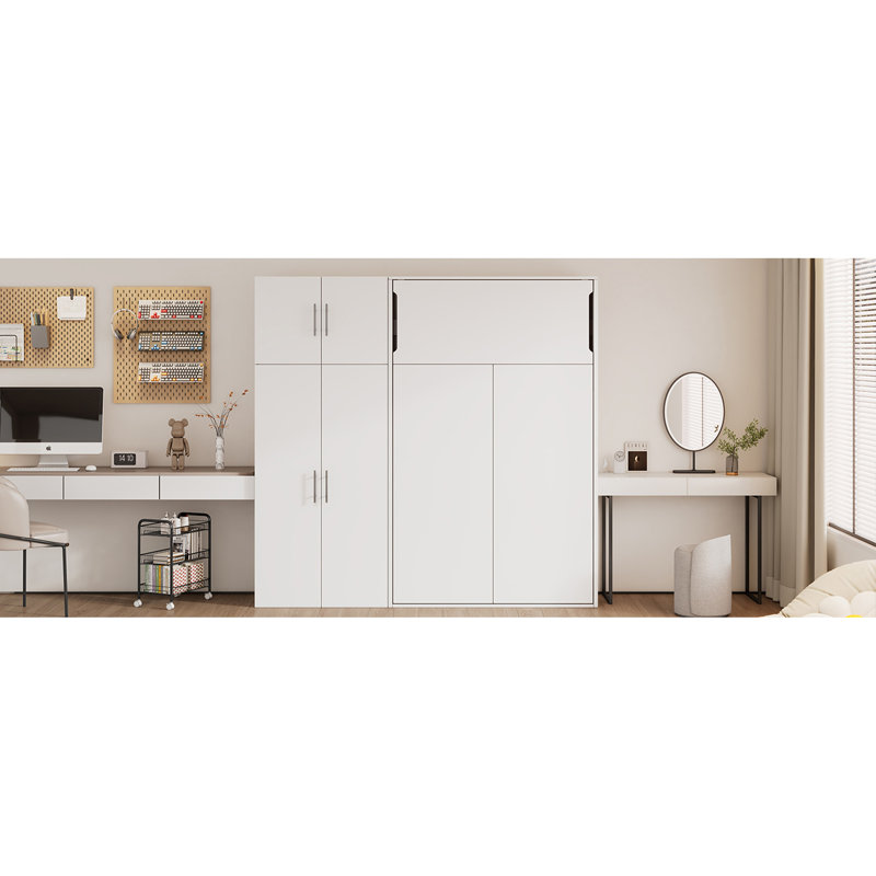 Lit escamotable simple avec casiers et armoires, blanc