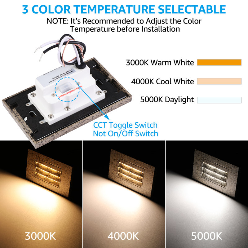 3CCT Dimmable 120-277V Step Light LED, 2700K/3000K/4000K Selectable, 2.5W Vertical Stair Light, IP65 Waterproof, White