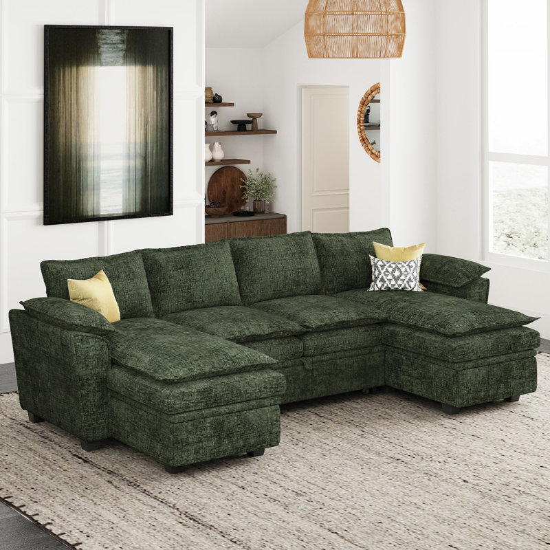 Chenille U-Shaped 4-Seat Storage Sofa King Pull Out Bed Sleeper Livingroom Modular Sectional Sofa Apartment Couch