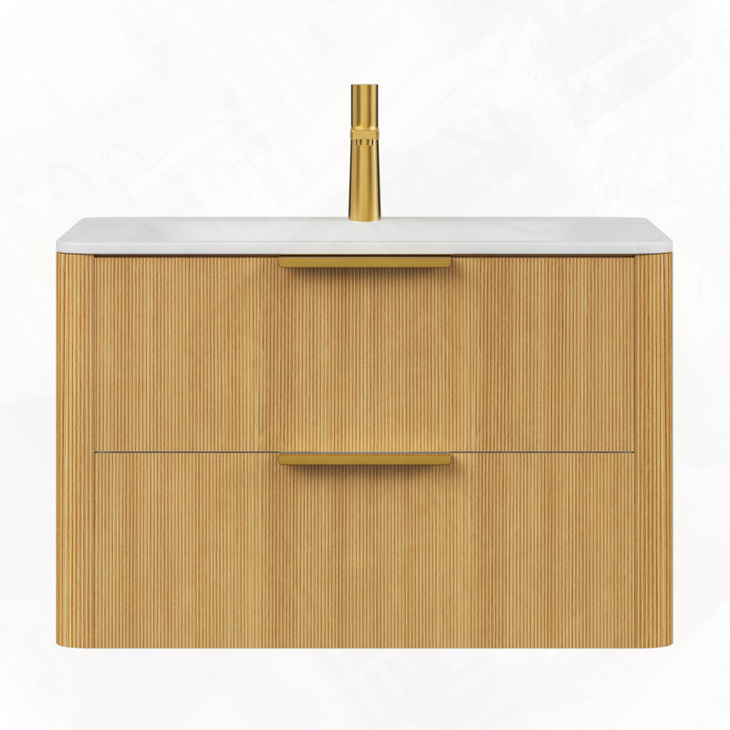 Meuble-lavabo flottant avec tiroirs et lavabo intégré, Chêne clair