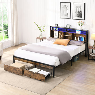 Metal Platform Bed Frame For Queen Size, Wooden Headboard And , Charging, 2 Drawers With Portable Wheels, Led Lights, No Box Spring, Simple To Install Head/Foot Board, Charging Position, Drawer